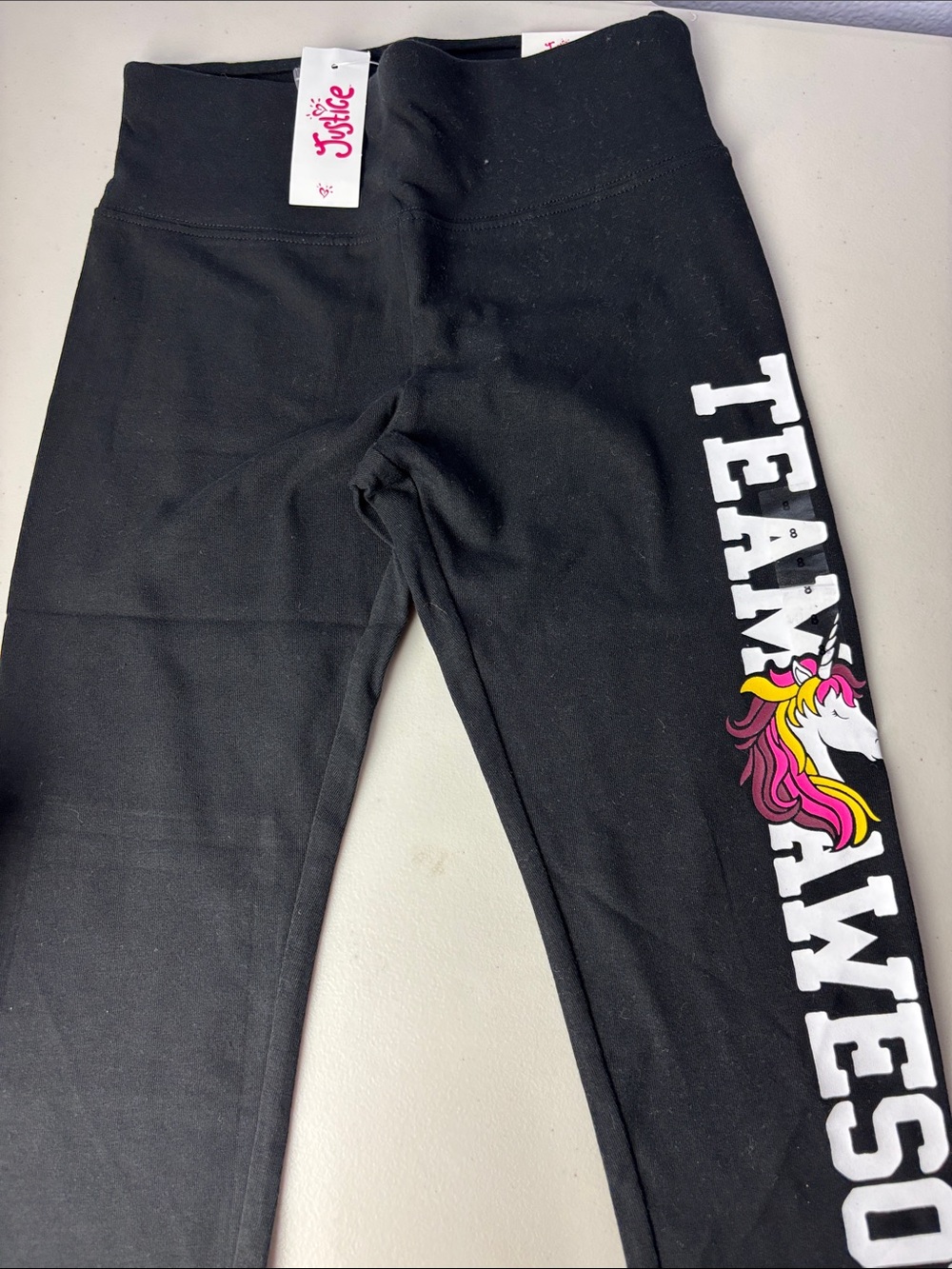 Justice Black Full Length Leggings with 'Team Awesome' Unicorn Graphic